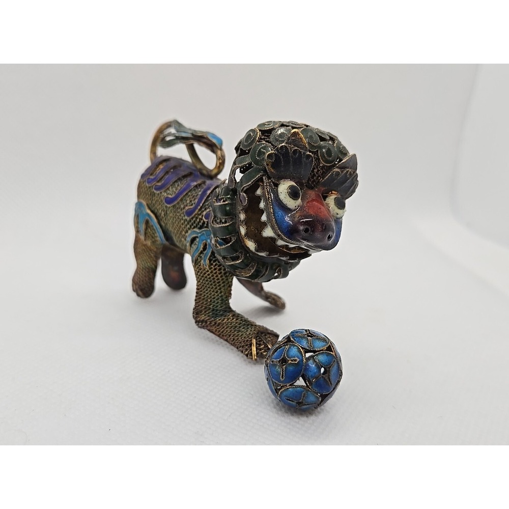 Vintage Chinese Enamel Cloisonne Foo Dog Temple Lion Gilt Filigree Copper Nodder